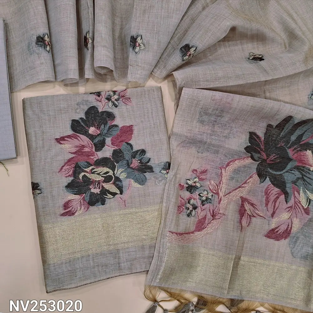 Rich Mauve & Grey jamdani woven premium silk cotton unstitched salwar material, gold tissue border on daman(thin, lining needed)matching silk cotton bottom, jamdani woven premium silk cotton full length dupatta with hand made tassels. NV253020