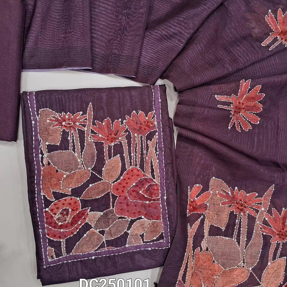 Dark wine Purple digital print silk cotton unstitched salwar material (lining needed) hand embroidery work on yoke, matching silky bottom, digital print, hand embroidery work on silk cotton dupatta . DC250101