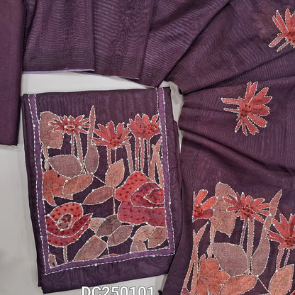 Dark wine Purple digital print silk cotton unstitched salwar material (lining needed) hand embroidery work on yoke, matching silky bottom, digital print, hand embroidery work on silk cotton dupatta . DC250101