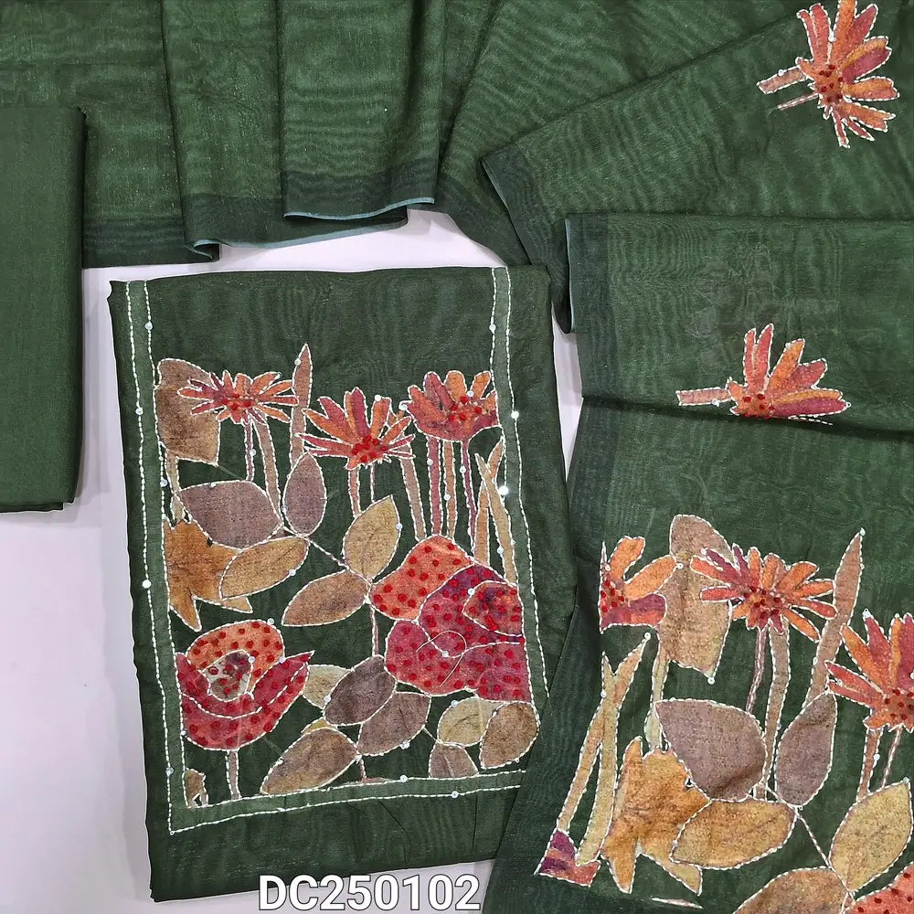Dark Green digital print silk cotton unstitched salwar material (lining needed) hand embroidery work on yoke, matching silky bottom, digital print, hand embroidery work on silk cotton dupatta . DC250102