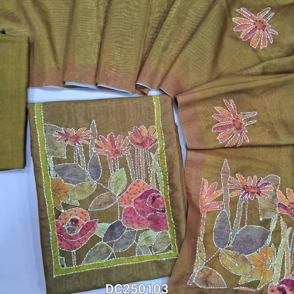 Mehandhi Yellow digital print silk cotton unstitched salwar material (lining needed) hand embroidery work on yoke, matching silky bottom, digital print, hand embroidery work on silk cotton dupatta . DC250103