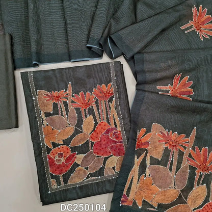 Dark Grey digital print silk cotton unstitched salwar material (lining needed) hand embroidery work on yoke, matching silky bottom, digital print, hand embroidery work on silk cotton dupatta . DC250104