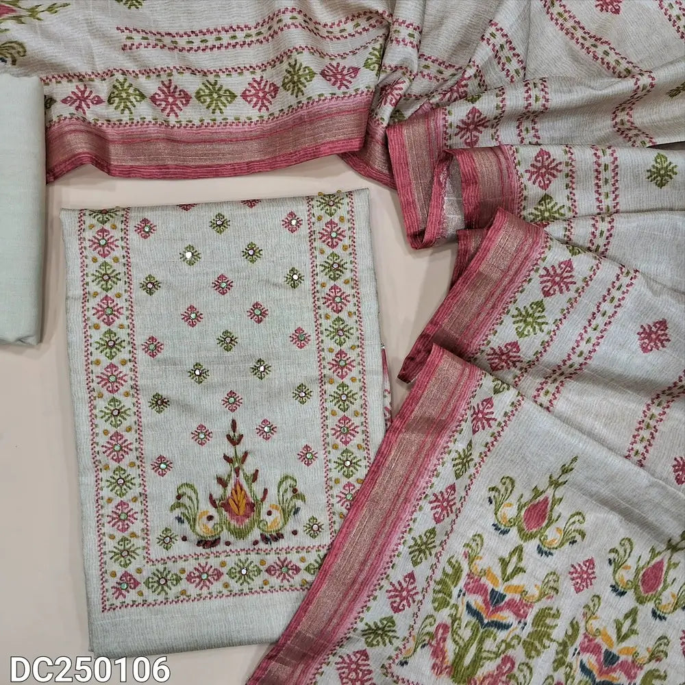 Printed Beige semi tussar unstitched salwar material (lining needed)thread, sequins work on yoke,  matching cotton bottom, digital printed semi tussar dupatta with pink borders. DC251006