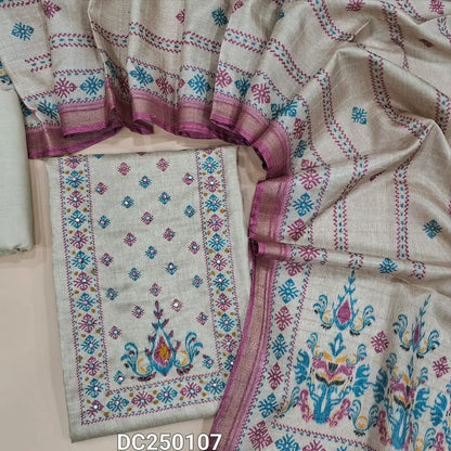 Printed Beige semi tussar unstitched salwar material (lining needed)thread, sequins work on yoke,  matching cotton bottom, digital printed semi tussar dupatta with onion pink borders. DC251007