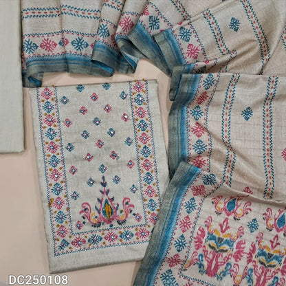 Printed Beige semi tussar unstitched salwar material (lining needed)thread, sequins work on yoke,  matching cotton bottom, digital printed semi tussar dupatta with blue borders. DC251008