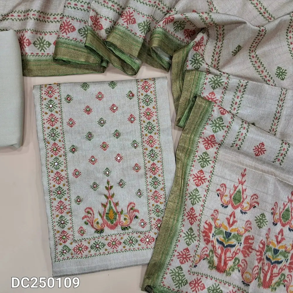 Printed Beige semi tussar unstitched salwar material (lining needed)thread, sequins work on yoke,  matching cotton bottom, digital printed semi tussar dupatta with green birders. DC251009