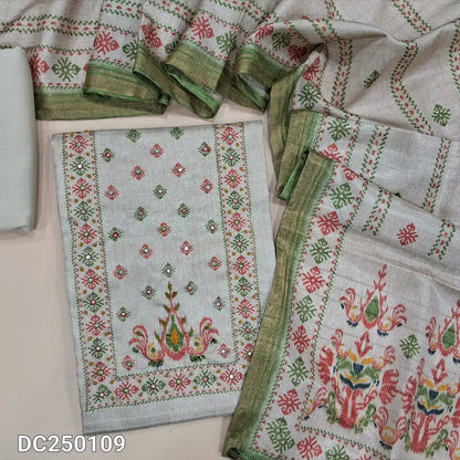 Printed Beige semi tussar unstitched salwar material (lining needed)thread, sequins work on yoke,  matching cotton bottom, digital printed semi tussar dupatta with green birders. DC251009