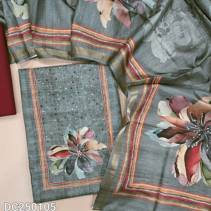 Light Grey premium tussar silk unstitched salwar material (lining needed) floral print, thread work on yoke & daman, reddish maroon spun cotton bottom, digital floral print tussar silk dupatta. DC251005