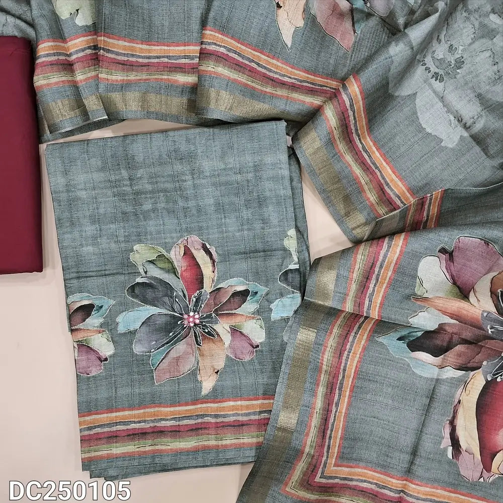 Light Grey premium tussar silk unstitched salwar material (lining needed) floral print, thread work on yoke & daman, reddish maroon spun cotton bottom, digital floral print tussar silk dupatta. DC251005