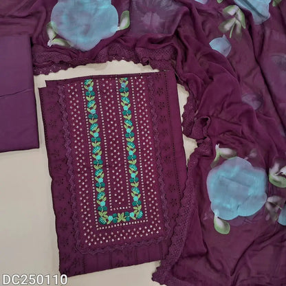 Dark beetroot Purple schiffli embroidered cotton unstitched salwar material, embroidery& sequins work on yoke(lining needed) matching cotton bottom, brush painted fancy chiffon dupatta with lace tapings. DC250110