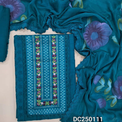 Teal Blue schiffli embroidered cotton unstitched salwar material, embroidery& sequins work on yoke(lining needed) matching cotton bottom, brush painted fancy chiffon dupatta with lace tapings. DC250111