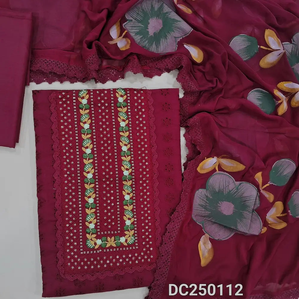 Reddish Maroon schiffli embroidered cotton unstitched salwar material, embroidery& sequins work on yoke(lining needed) matching cotton bottom, brush painted fancy chiffon dupatta with lace tapings. DC250112
