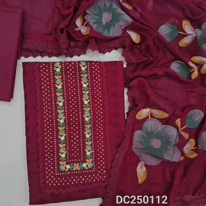 Reddish Maroon schiffli embroidered cotton unstitched salwar material, embroidery& sequins work on yoke(lining needed) matching cotton bottom, brush painted fancy chiffon dupatta with lace tapings. DC250112