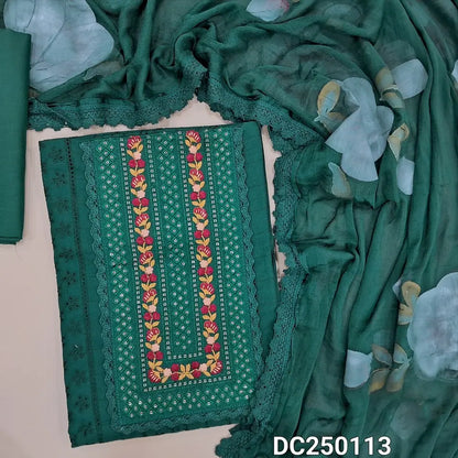 Dark Green schiffli embroidered cotton unstitched salwar material, embroidery& sequins work on yoke(lining needed) matching cotton bottom, brush painted fancy chiffon dupatta with lace tapings. DC250113