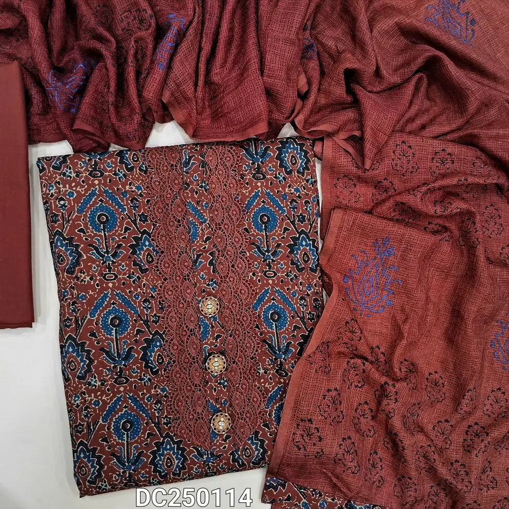 Printed Maroon cotton unstitched salwar material (lining optional) lace work, fancy buttons on yoke, matching cotton bottom, block printed kota silk cotton dupatta. DC250114
