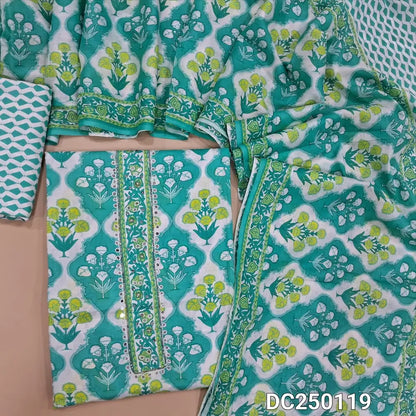 Floral printed Blue & white soft cotton unstitched salwar material (lining optional) bead , faux mirror work on yoke, printed cotton bottom, printed cotton dupatta. DC250119