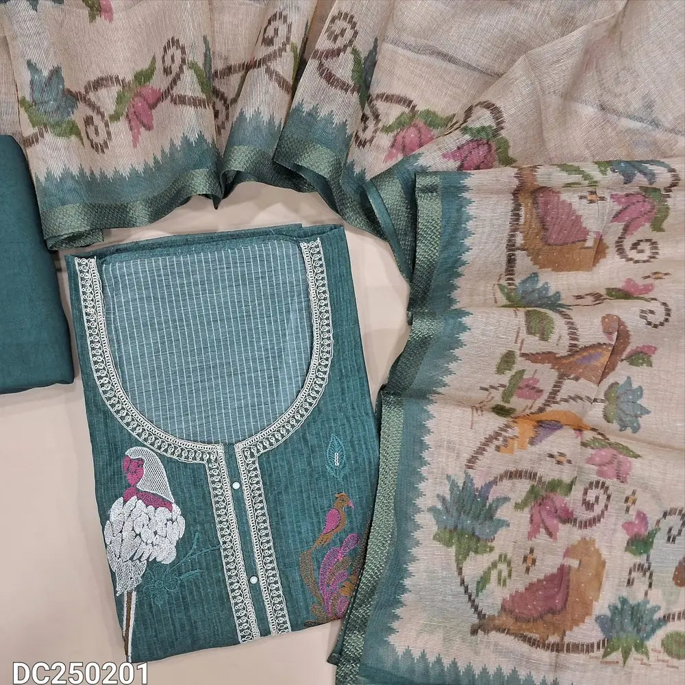 Designer Bluish Grey tissue kota unstitched salwar material(lining needed) colorful embroidery work on yoke, printed daman, matching santoon bottom, digital printed tissue silk cotton dupatta with tissue borders.DC250201