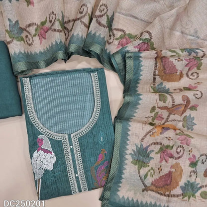 Designer Bluish Grey tissue kota unstitched salwar material(lining needed) colorful embroidery work on yoke, printed daman, matching santoon bottom, digital printed tissue silk cotton dupatta with tissue borders.DC250201