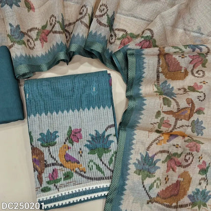 Designer Bluish Grey tissue kota unstitched salwar material(lining needed) colorful embroidery work on yoke, printed daman, matching santoon bottom, digital printed tissue silk cotton dupatta with tissue borders.DC250201