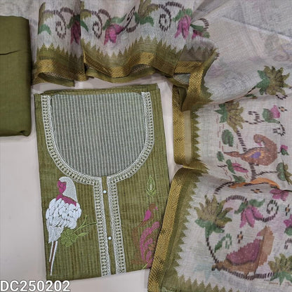 Designer mossy Green tissue kota unstitched salwar material(lining needed) colorful embroidery work on yoke, matching santoon bottom, digital printed tissue silk cotton dupatta with tissue borders.DC250202