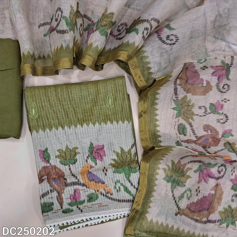 Designer mossy Green tissue kota unstitched salwar material(lining needed) colorful embroidery work on yoke, matching santoon bottom, digital printed tissue silk cotton dupatta with tissue borders.DC250202