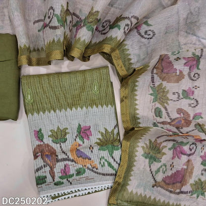 Designer mossy Green tissue kota unstitched salwar material(lining needed) colorful embroidery work on yoke, matching santoon bottom, digital printed tissue silk cotton dupatta with tissue borders.DC250202