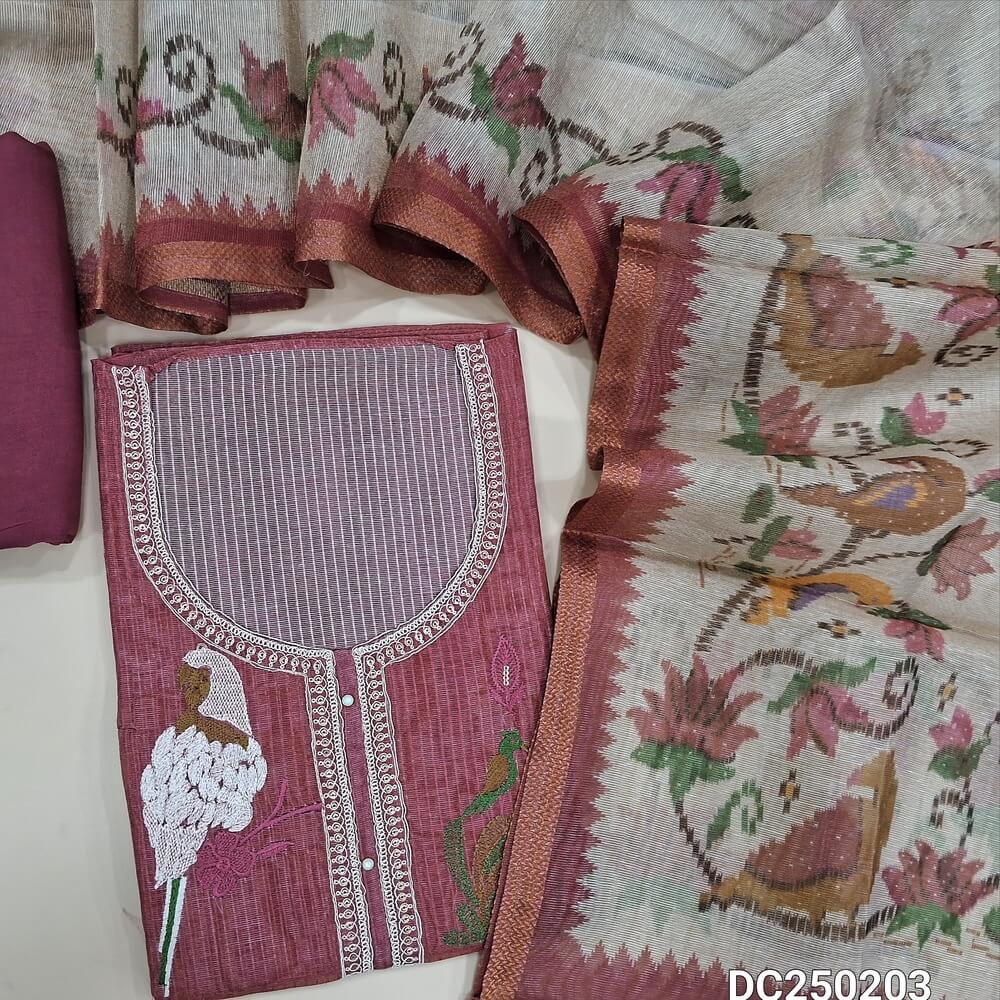 Designer bright Pink tissue kota unstitched salwar material(lining needed) colorful embroidery work on yoke, matching santoon bottom, digital printed tissue silk cotton dupatta with tissue borders.DC250203