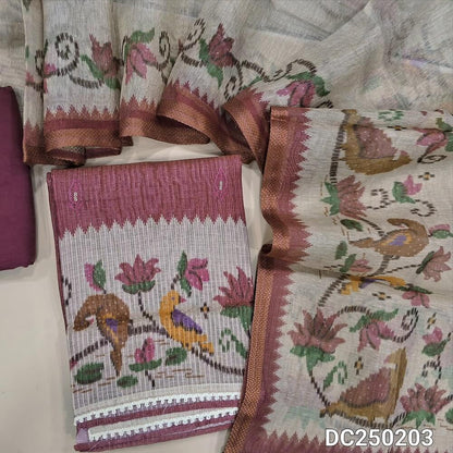 Designer bright Pink tissue kota unstitched salwar material(lining needed) colorful embroidery work on yoke, matching santoon bottom, digital printed tissue silk cotton dupatta with tissue borders.DC250203