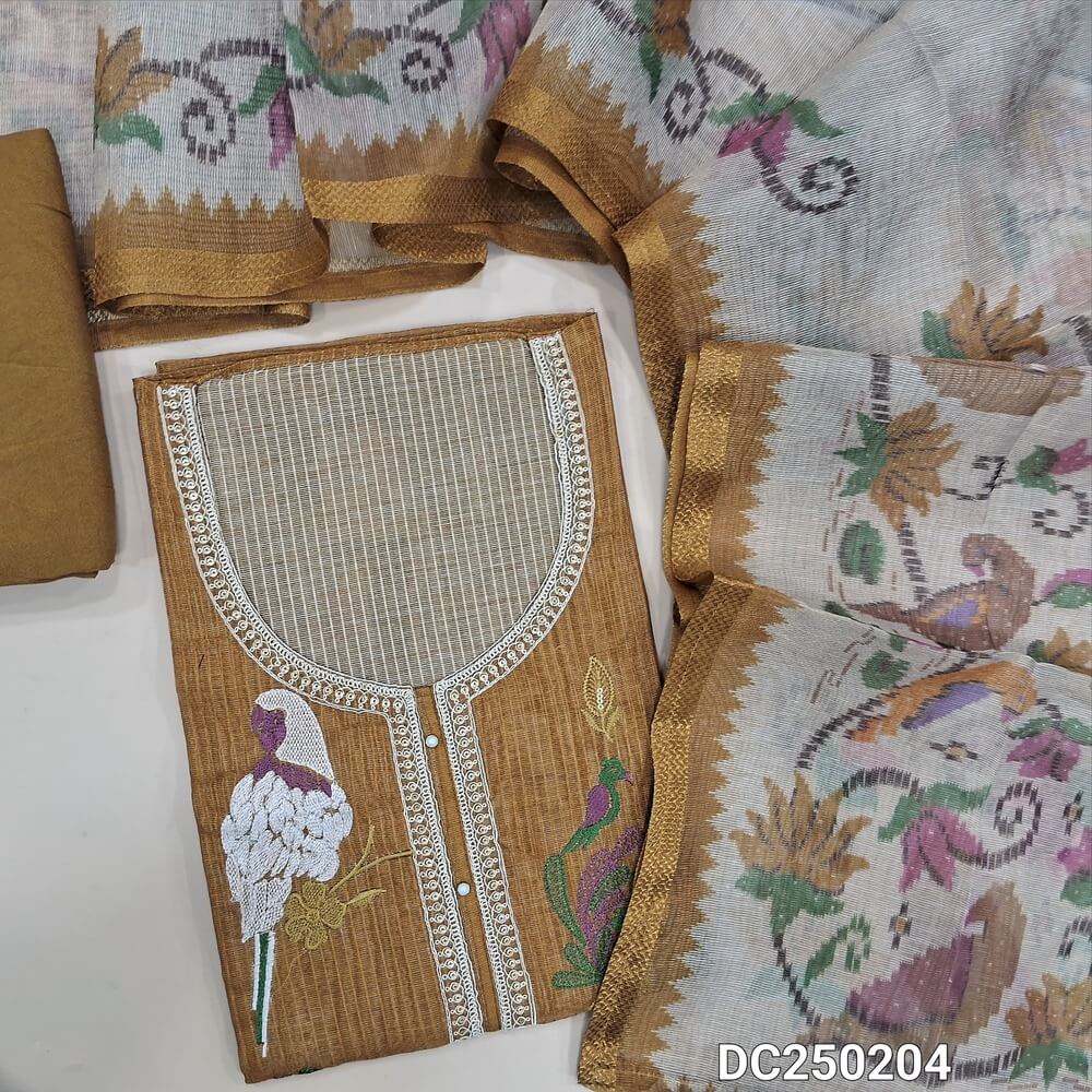 Designer mehandhi Yellow tissue kota unstitched salwar material(lining needed) colorful embroidery work on yoke, matching santoon bottom, digital printed tissue silk cotton dupatta with tissue borders.DC250204