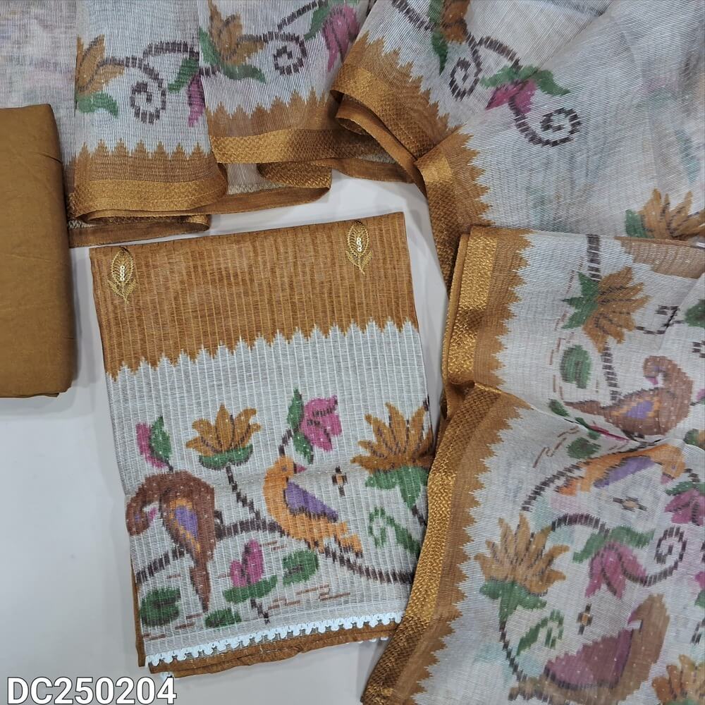 Designer mehandhi Yellow tissue kota unstitched salwar material(lining needed) colorful embroidery work on yoke, matching santoon bottom, digital printed tissue silk cotton dupatta with tissue borders.DC250204
