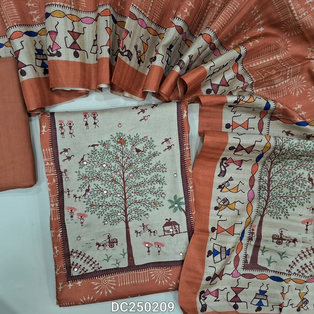 Digital warli printed brick Red silk cotton unstitched salwar material(lining needed) sequins work on yoke, matching santoon bottom, digital warli printed silk cotton dupatta. DC250209