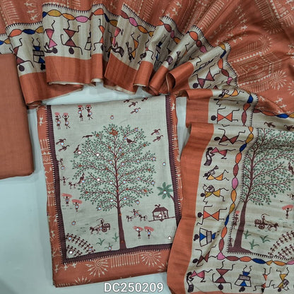 Digital warli printed brick Red silk cotton unstitched salwar material(lining needed) sequins work on yoke, matching santoon bottom, digital warli printed silk cotton dupatta. DC250209