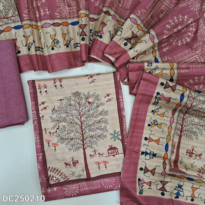 Digital warli printed Pink silk cotton unstitched salwar material(lining needed) sequins work on yoke, matching santoon bottom, digital warli printed silk cotton dupatta. DC250210