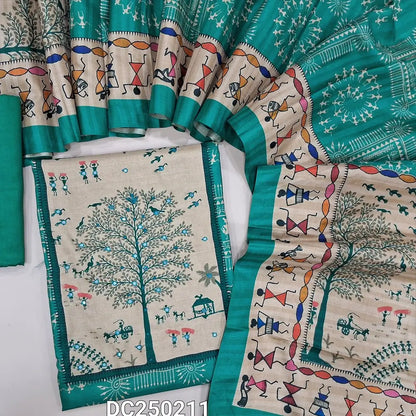 Digital warli printed teal Green silk cotton unstitched salwar material(lining needed) sequins work on yoke, matching santoon bottom, digital warli printed silk cotton dupatta. DC250211