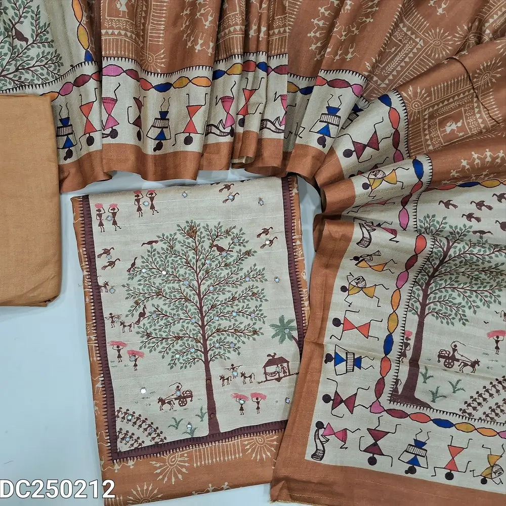 Digital warli printed light Brown silk cotton unstitched salwar material(lining needed) sequins work on yoke, matching santoon bottom, digital warli printed silk cotton dupatta. DC250212