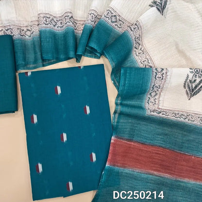 Teal Blue south handloom cotton unstitched salwar material(lining optional) ikat woven design allover,  matching slub cotton bottom, hand block printed kota silk cotton dupatta. DC250214