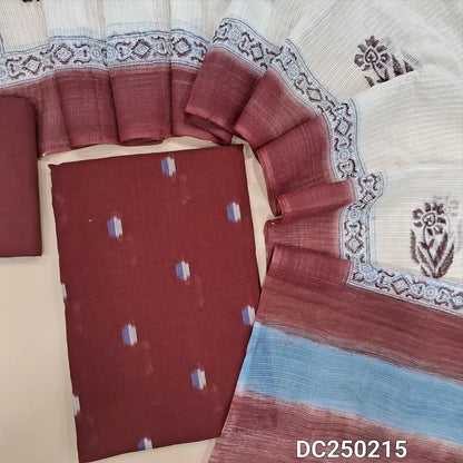 Dark Maroon south handloom cotton unstitched salwar material(lining optional) ikat woven design allover,  matching slub cotton bottom, hand block printed kota silk cotton dupatta. DC250215