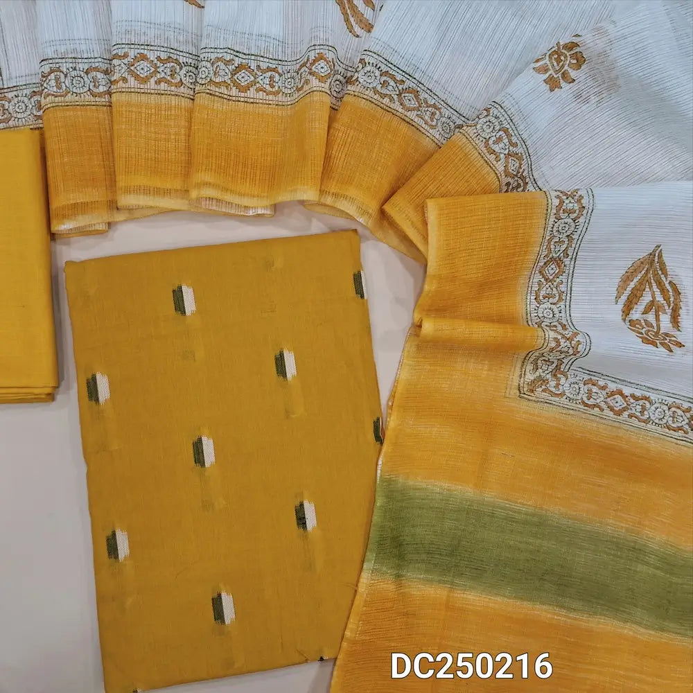 Fenugreek Yellow south handloom cotton unstitched salwar material(lining optional) ikat woven design allover,  matching slub cotton bottom, hand block printed kota silk cotton dupatta. DC250216