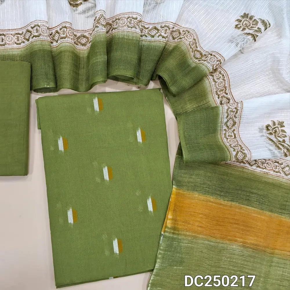 Light Green south handloom cotton unstitched salwar material(lining optional) ikat woven design allover,  matching slub cotton bottom, hand block printed kota silk cotton dupatta. Dc250217