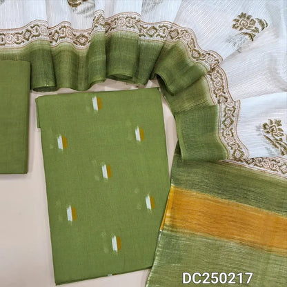 Light Green south handloom cotton unstitched salwar material(lining optional) ikat woven design allover,  matching slub cotton bottom, hand block printed kota silk cotton dupatta. Dc250217
