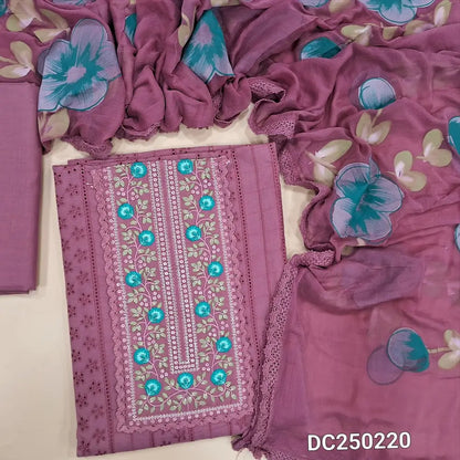 Pink schiffli embroidered cotton unstitched salwar material, embroidery& sequins work on yoke(lining needed) matching cotton bottom, brush painted fancy chiffon dupatta with lace tapings. DC250220