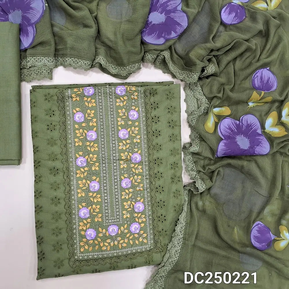 Light olive Green schiffli embroidered cotton unstitched salwar material, embroidery& sequins work on yoke(lining needed) matching cotton bottom, brush painted fancy chiffon dupatta with lace tapings. DC250221