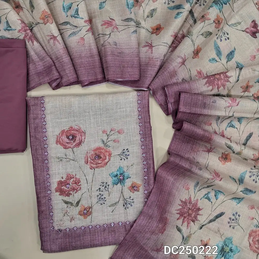 Light purple & golden tint tissue silk cotton unstitched salwar material(lining needed) floral print, real mirror work on yoke, matching silky bottom, floral printed tissue linen dupatta. DC250222