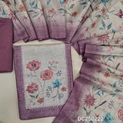 Light purple & golden tint tissue silk cotton unstitched salwar material(lining needed) floral print, real mirror work on yoke, matching silky bottom, floral printed tissue linen dupatta. DC250222