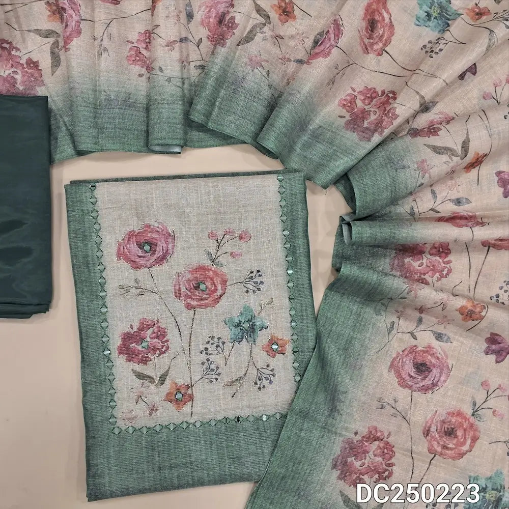 Blue & golden tint tissue silk cotton unstitched salwar material(lining needed) floral print, real mirror work on yoke, matching silky bottom, floral printed tissue linen dupatta. DC250223