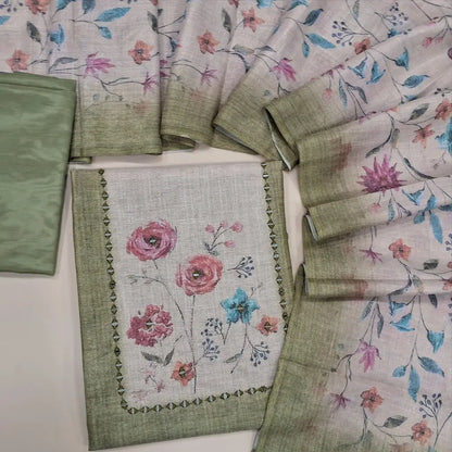 Mossy green & golden tint tissue silk cotton unstitched salwar material(lining needed) floral print, real mirror work on yoke, matching silky bottom, floral printed tissue linen dupatta. DC250225