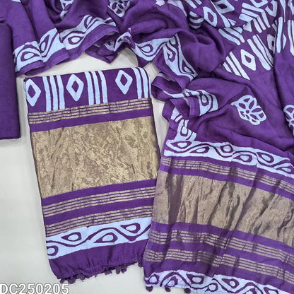 Original batik dyed Violet fancy silk cotton unstitched salwar material(lining needed) tissue borders on daman, matching silky bottom, batik dyed fancy silk cotton dupatta with tissue border on pallu, pompom tapings. DC250205