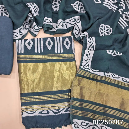 Original batik dyed dark grey fancy  silk cotton unstitched salwar material(lining needed) tissue borders on daman, matching silky bottom, batik dyed fancy silk cotton dupatta with tissue border on pallu, pompom tapings. DC250207