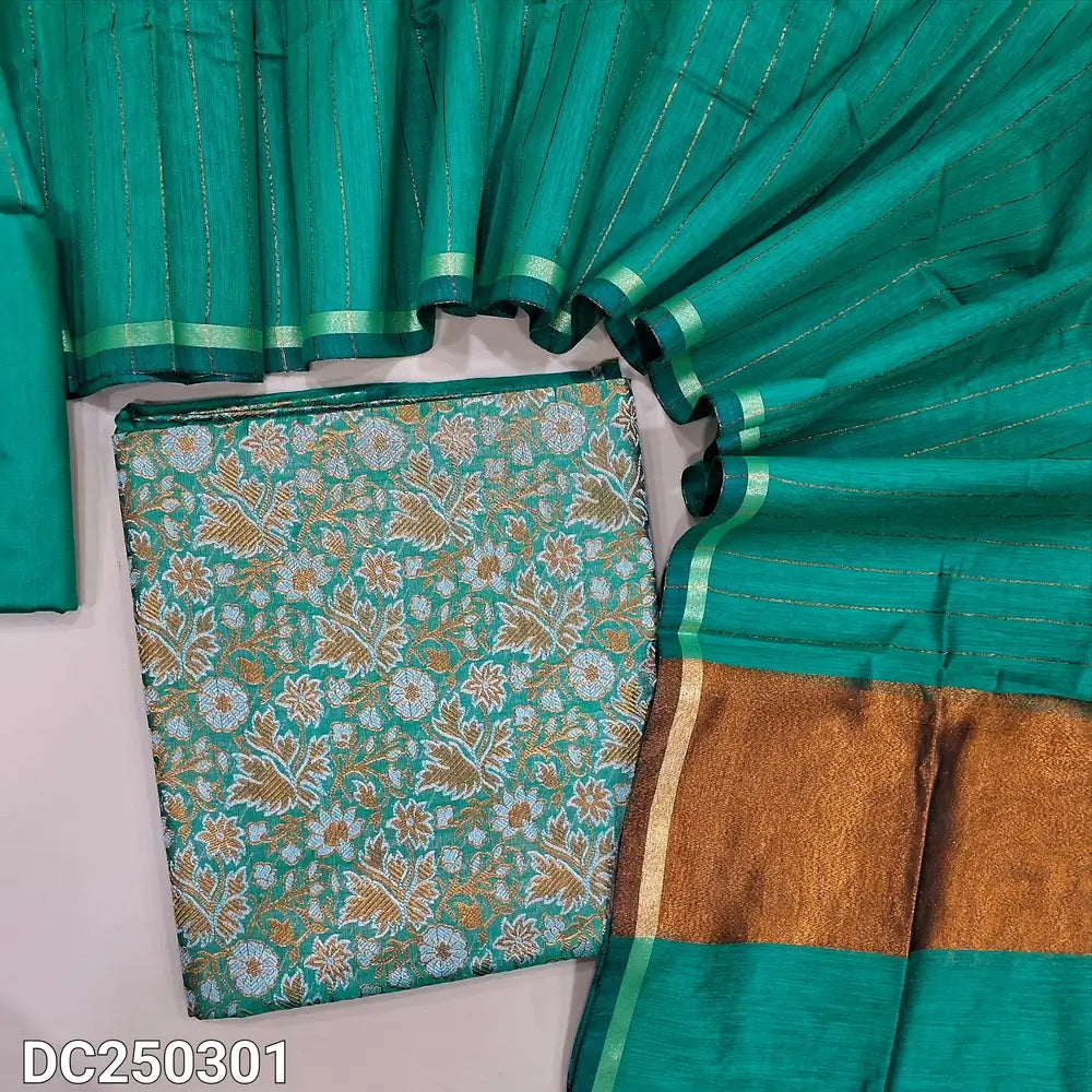 Benarasi woven Light Green soft silk cotton unstitched salwar material(lining needed) heavy benarasi woven design allover, matching silk cotton bottom, zari lines on silk cotton dupatta with copper tissue pallu & tassels. DC250301
