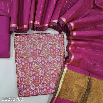 Benarasi woven Pink soft silk cotton unstitched salwar material(lining needed) heavy benarasi woven design allover, matching silk cotton bottom, zari lines on silk cotton dupatta with copper tissue pallu & tassels. DC250302